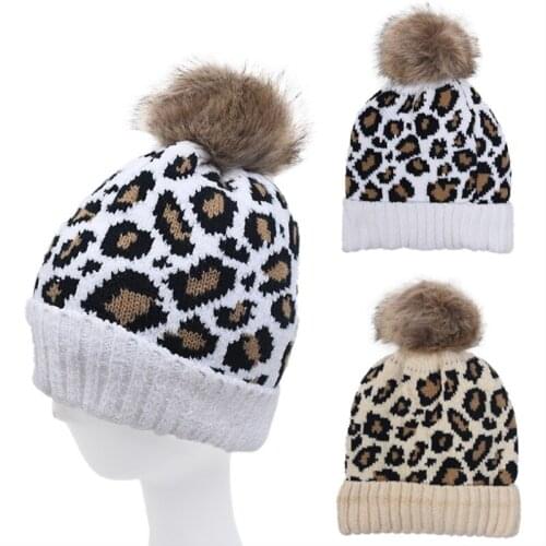 WZCX Leopard Keep Warm Removable Pompom Hat Fashion New Splice Stripe Elasticity Thicken Outdoor Beanie Womens Winter Hat