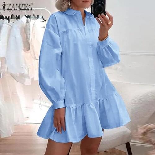 Summer Long Sleeve Solid Mini Sundress Women Elegant Shirt Dress ZANZEA 2021 Fashion Lapel Neck Ruffles Hem Short Vestidos Tunic
