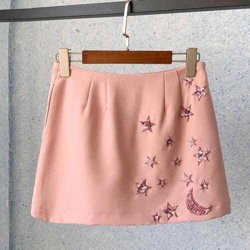 Beaded Sequins Moon and Stars High Waist A-Line Solid Color Sweet Pink Mini Skirt Brand Luxury Clothes Summer New 2021