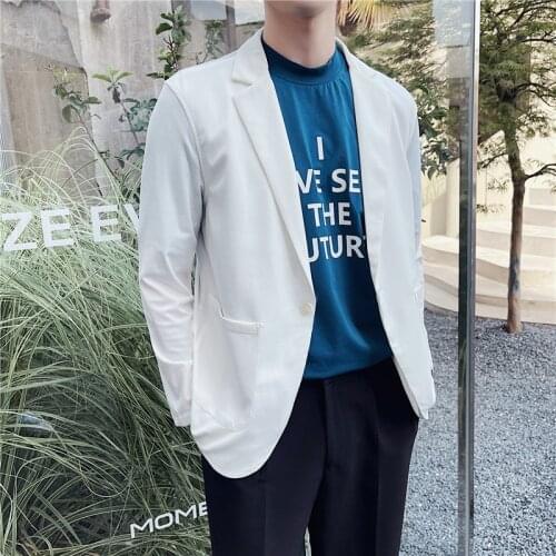 Fashion 2021 Summer Ice Silk Sun Protection Clothing Simple Slim Fit One Button Casual Thin Blazer Jacket Men Black/White 3XL-M