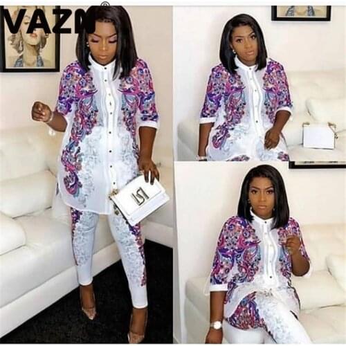 VAZN New arrival 2020 spring sexy lady white-purpal 2-piece print set full sleve button T-shirt long pants set lady special sets