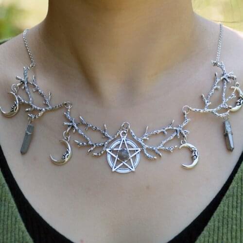 Witch Antler Branches Necklace Pentagram Crescent Moon Crystal Stone Party Wedding Necklace Wiccan Pagan Jewelry For Gift