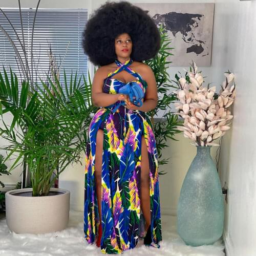Plus Size Dress Women Print Sleeveless Halter High Split Long Dresses Female Casual Streetwear Maxi Dress Summer Fashion
