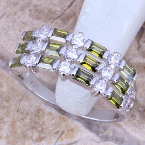 Absorbing Green Peridot White CZ Silver Plated Womens Jewelry Ring Size 6 / 7 / 8 / 9 R0461