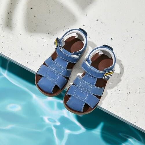 Children frosted genuine leather beach sandals boys barefoot non-slip sandals with cowhide lining baby soft Navy blue sandals