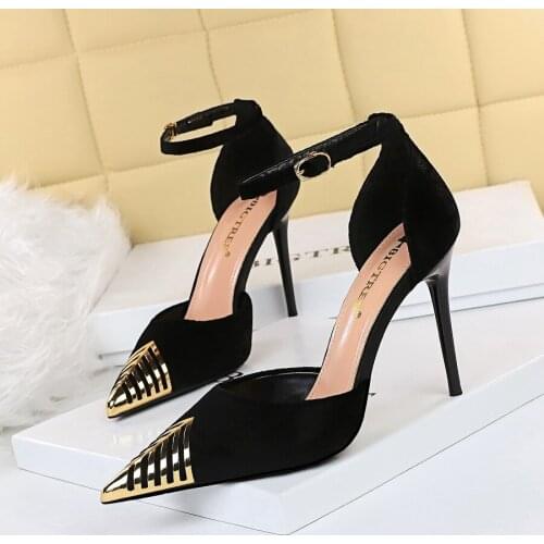 Sexy Nightclub Stiletto High-heeled Suede Shallow Cut Hollow Metal Pointed Toe Sandals Leather Gladiator Sandals Stripper Heels