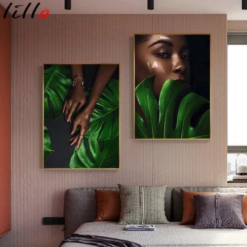 Green Leaf Modern Gold and Black Makeup for Women, Print Poster for Living Room Black Woman Lip Sexy Fashion Art Posters