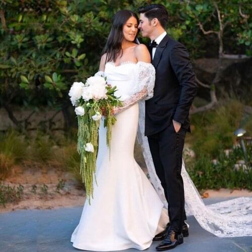 Off the Long Sleeve Mermaid Wedding Dresses Long Sleeve Lace Top Satin Bridal Gown Modern Robe De Mariee