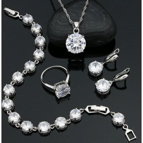 Wedding Jewelry Set for Bride 925 Sterling Silver Round Earrings Pendant Chain Ring Bracelet Cubic Zirconia Jewelry