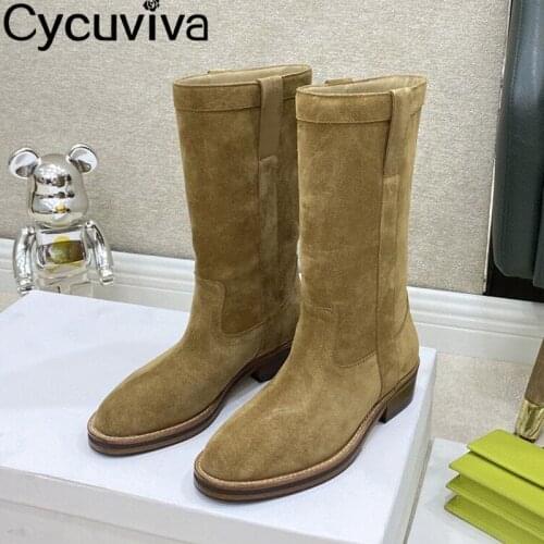Camel Suede Embroidered Middle Calf Boots for Women Square Low Heel Winter Flat Shoes Designer Short Snow Boots Brown Booties