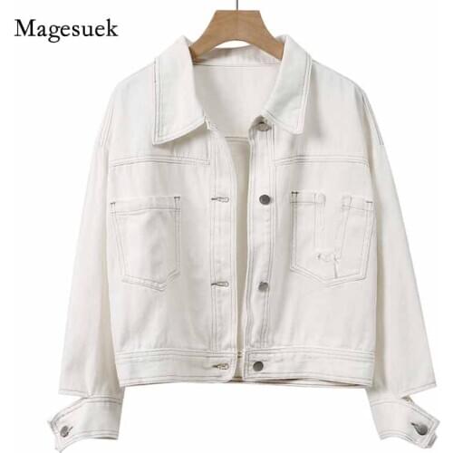 Early Autumn 2020 Solid White Womens Open-stitched Denim Jacket Loose Casual Workwear Jacket Cardigan Lapel Pocket Tops 11995