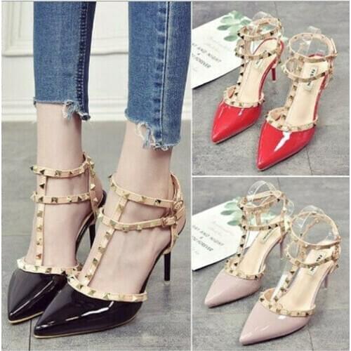 Womens Rivet Pointed High Heels Sexy Stiletto Shoes Increased Buckle Shoes Sexy Thin Heel Nude Lace Up Wear Resistant Shoes