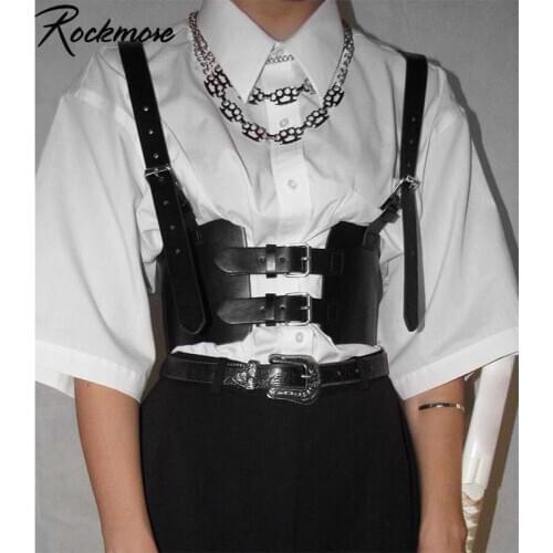 Rockmore Gothic PU Leather Buckle Corset Women Crop Top Punk Style Bustiers Cummerbunds Tank Tops Wear Out Streetwear Vest 2021