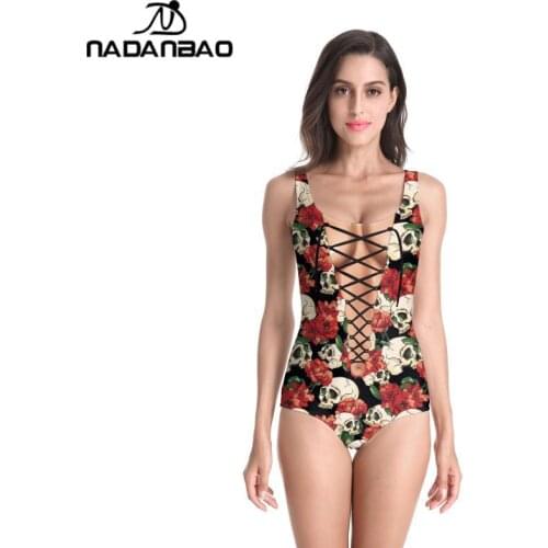 NADANBAO Rose Floral Skull Printed Fake two Swimsuit Push Up Bodysuit Bathing Suit Swimwear Summer Women Backless Plus Size