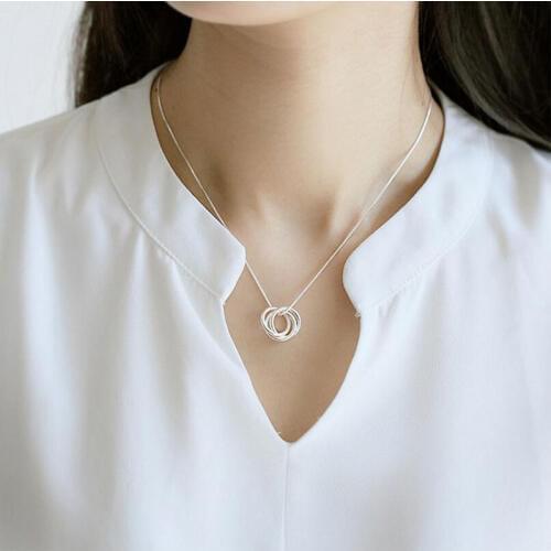 ANENJERY 925 Sterling Silver Necklace Pendants for Women Box Chain Choker Collar Three Circle Necklace collares S-N192
