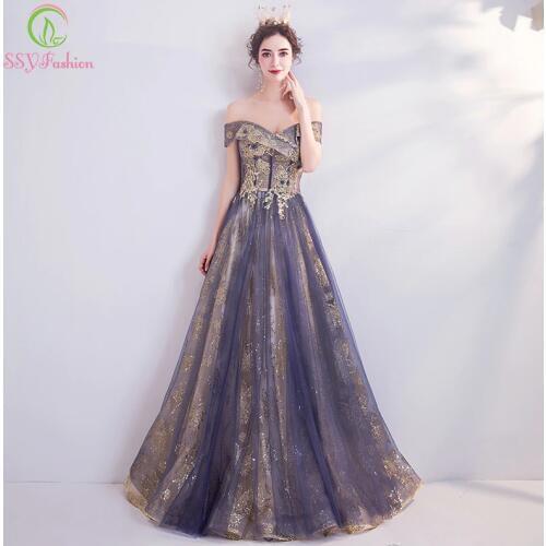 SSYFashion New Banquet Elegant Purple Evening Dress Boat Neck Floor-length Lace Appliques Long Prom Formal Gown Robe De Soiree