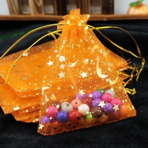 100pcs 7x9cm Drawable Organza Bags Star Moon Orange color Wedding Christmas Gift Bag Jewelry Packaging Bags Pouches