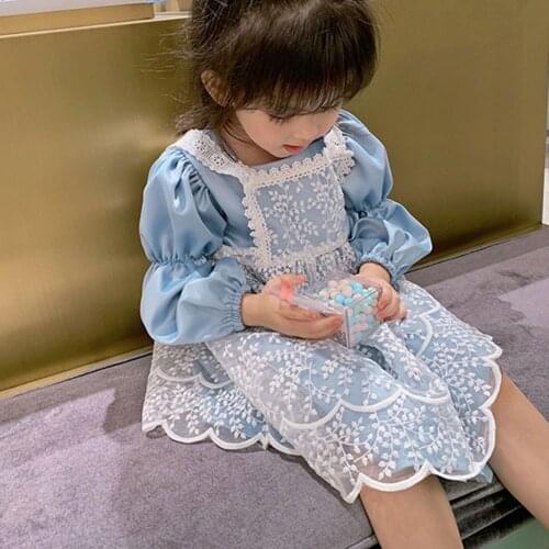2Pcs/Set Girls Dresses+Lace Smock-Frock 2021 Fashion Clothing Square Collar Lantern Sleeve 1-8Y Girls Kids Princess Costume