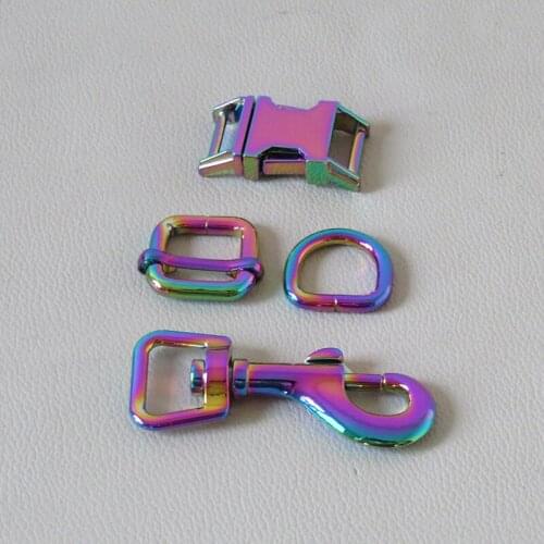 50Sets/Lot 15mm Rainbow Metal Hardware Straps Buckle D Ring Spring Hook Slider For Pet Dog Collar Harness Clasp DIY Accessory