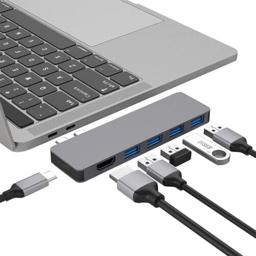 6 in 1 Dual Type C HUB USB C HUB For Macbook Pro/Air 2018-2020 With 4 Port USB3.0 USB C Data Transmission 4K HDMI Usb Splitter