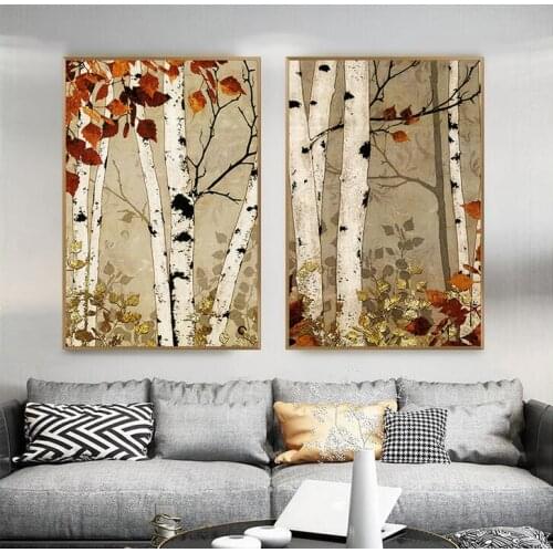 Abstract Canvas Painting Print Birch Tree Forest Wall Art Picture Retro Style Home Decoration Posters for Bedroom