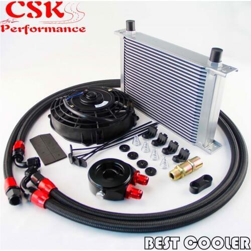 AN-8AN 25 Row Universal Engine Oil Cooler w/ Filter Adapter Hose Kit +7" Universal Fan kits