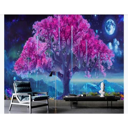 Home Decor Customized 3D Photo Wallpaper Modern Abstract Art Blue Starry Sky Meteor Pink Trees Living Room TV Background Wall