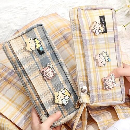 Grid ins salt series large-capacity canvas pencil case, simple students double-layer storage bag, high-value stationery box