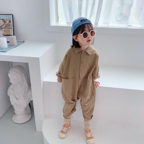 Kids' One-Piece Suit Autumn 2020 Korean Childrens Clothing Baby Girl Cartoon Printed Large Pocket Jeans