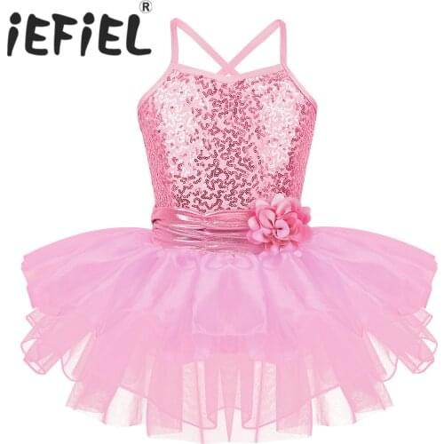 Sequins Kids Girls Spaghetti Shoulder Straps Floral Flower Ballet Dance Gymnastics Leotard Tutu Dress for Ballat Class Dancewear