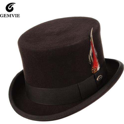 GEMVIE Brand High 100% Wool Felt Top Hat With Feather Cylinder Hat For Women Men Costume Fedoras Classical Derby Magician Cap