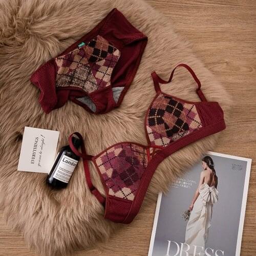 Wriufred Retro plaid gathered bralette cotton women underwear no steel ring upper thin and thick upper support bra set