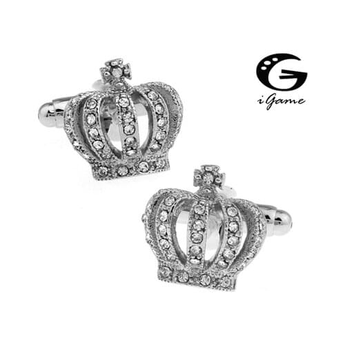 Royal Novelty Crown Style Silver Colour White Crystal Copper Material Cuff Links
