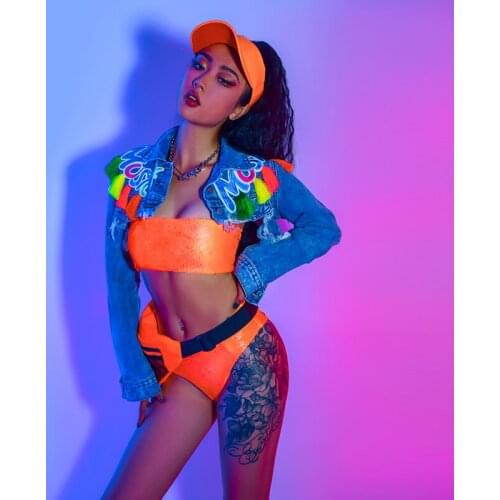 Sexy Fluorescent Orange Bikini Jacket Suit Nightclub Gogo Jazz Ds Dance Costume Pole Dance Performance Stage Wear Set YS1748