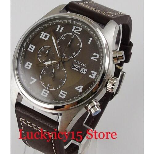 QUARTZ Battery Men Watch Coffee Dial Three Eye Dial Chronograph Day Date Mental Back Steel Case hARD