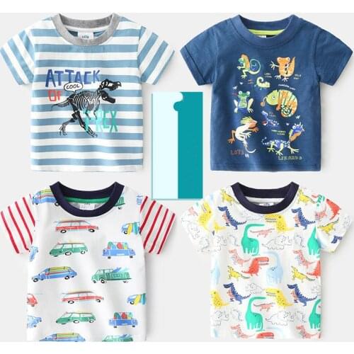 2021 Summer 2-10T ChildrenS Clothing Dinosaur Car Striped Tees All Match Short Sleeve Basic Tops Cartoon T Shirt For Kids Boy