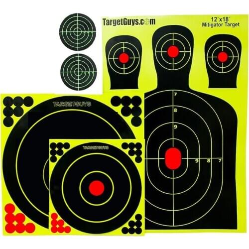 Splatter Targets -Range Pack - (25 Targets) 12x18 inch Silhouettes, Adhesive Splatter Targets 12x12 inch, 8x8 inch, 3x3 inch