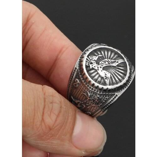Men 316L stainless steel Nordic norse viking odin wolf and raven amulet ring with gift bag