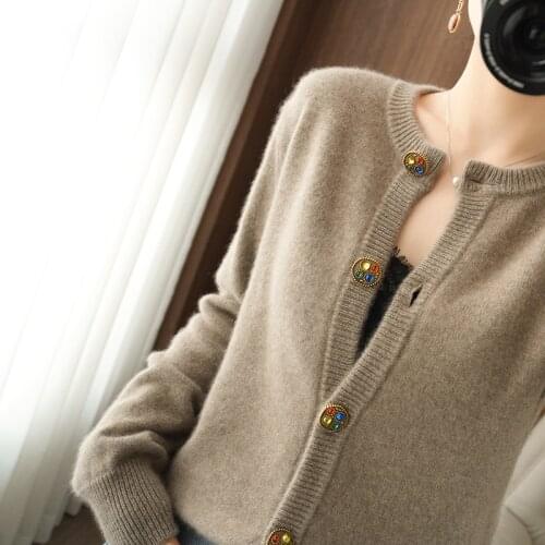 BELIARST Spring and autumn new cashmere sweater woman O-neck 100% pure wool Slim solid color cardigan knitted base sweater