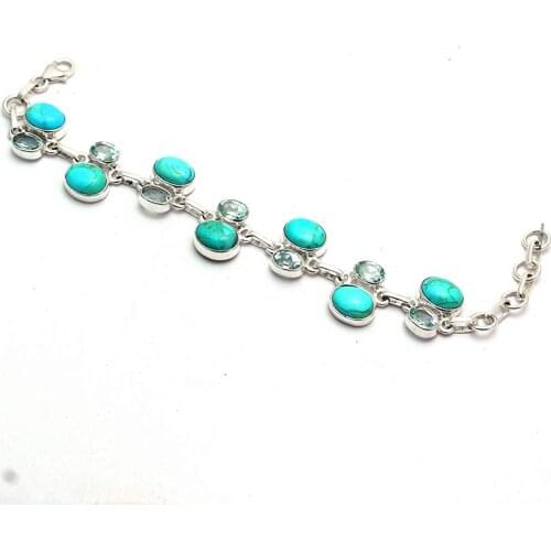 Genuine Mohave Turquoise + Blue Topaz Bracelet 925 Sterling Silver, 18.5 cm, GRP0353