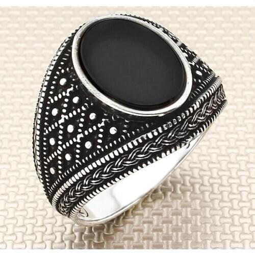 Oval Black Onyx Stone Men Silver Ring With Symmetrical Motif Made in Turkey Solid 925 Sterling Silver