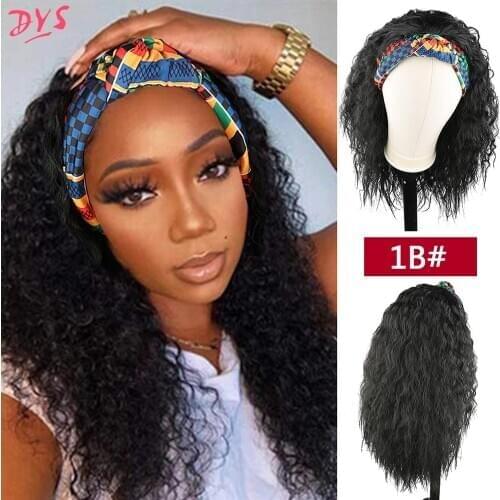 Headband Wig Drawstring Puff Long Afro Kinky Curly Wig Synthetic Black Wig African American 2 in 1 Wig with Printed Headwrap