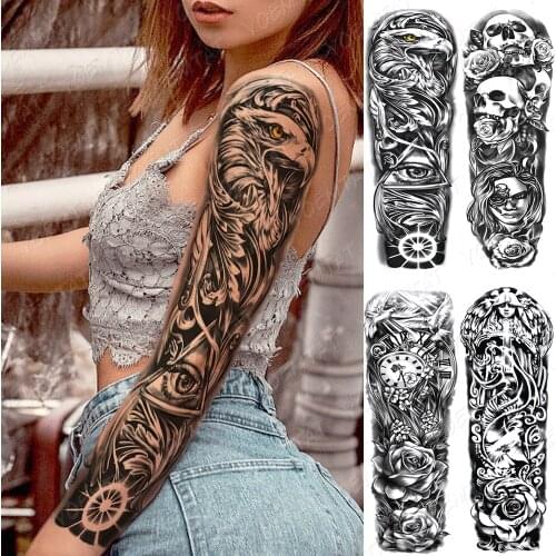 Large Arm Sleeve Tattoo Eagle Eye Waterproof Temporary Tatto Sticker Feather Sun Gear Body Art Full Fake Tatoo Women Men