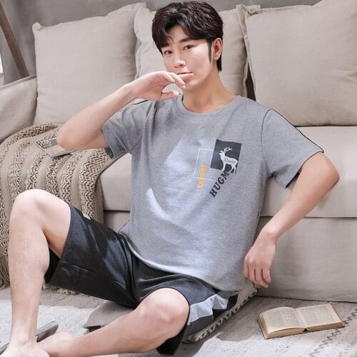 Spring Summer Men Pajamas Set Short Sleeve O-Neck Cotton Sleepwear Leisure Comfortable Simplicity Letter Print Gray Men Homewear
