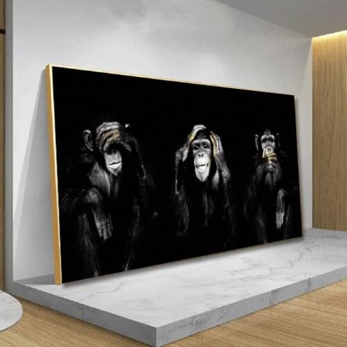 Black Poster Canvas Painting Animal Wall Art Dark 3 Funny Monkey Poster and Print for Living Room Home Decor No Frame