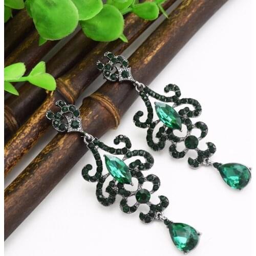 Clear/Green/Gold/Red/Black Teardrop Chandelier Long Earrings For Women Bridal Flower Rhinestone Crystal Drop Earrings Jewelry