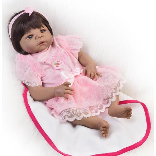 Realistic African Baby Doll 23'' Girl Black Skin Reborn Baby Doll Toy Full Silicone Body Handmade Ethnic Dolls kids Xmas Gift