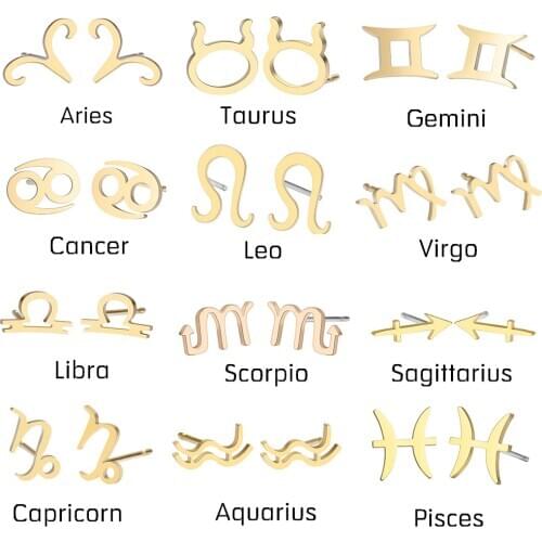 Stainless Steel 12 Constellation Earrings Star Zodiac Sign Studs Fashion Tiny Minimalist Female Girls Bijoux Femme Drop Shipping