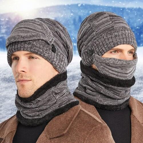 3 Pcs Mens Winter Beanie and Scarf Set Thickend Knitted Hat Scarf Face Cover Outdoor A66