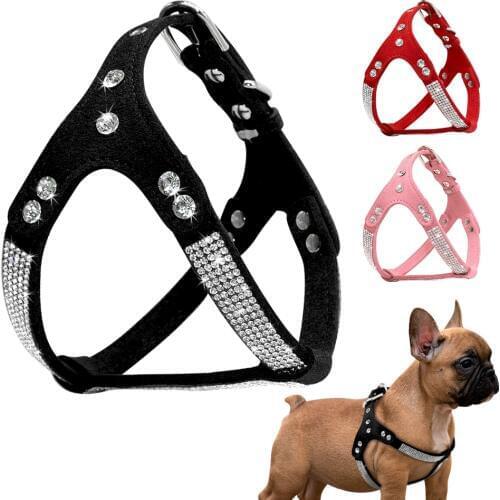 Rhinestone Puppy Harness Suede Leather Small Dogs Harness Bling Crystal Cat Dog Vest Adjustable For Chihuahua French Bulldog